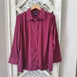 Preswick & Moore Plus 1X 2X 3X Long Sleeve Button Down Satin Blouse in Wine